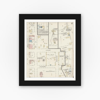 Old map wall art mockup — black gallery frame with white mat — Sanborn Fire Insurance Map from Denton, Denton County, Texas (1885), Sheet #0002