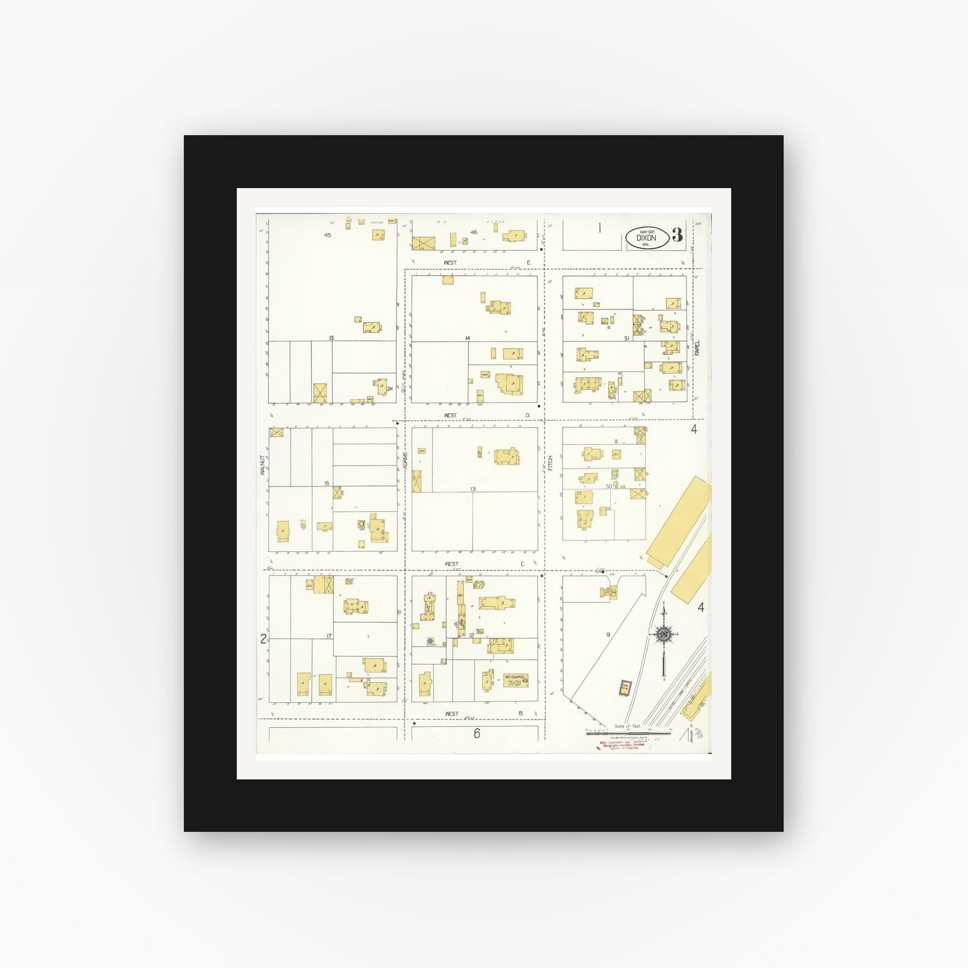 Old map wall art mockup — black gallery frame with white mat — Sanborn Fire Insurance Map from Dixon, Solano County, California (1921), Sheet #0003