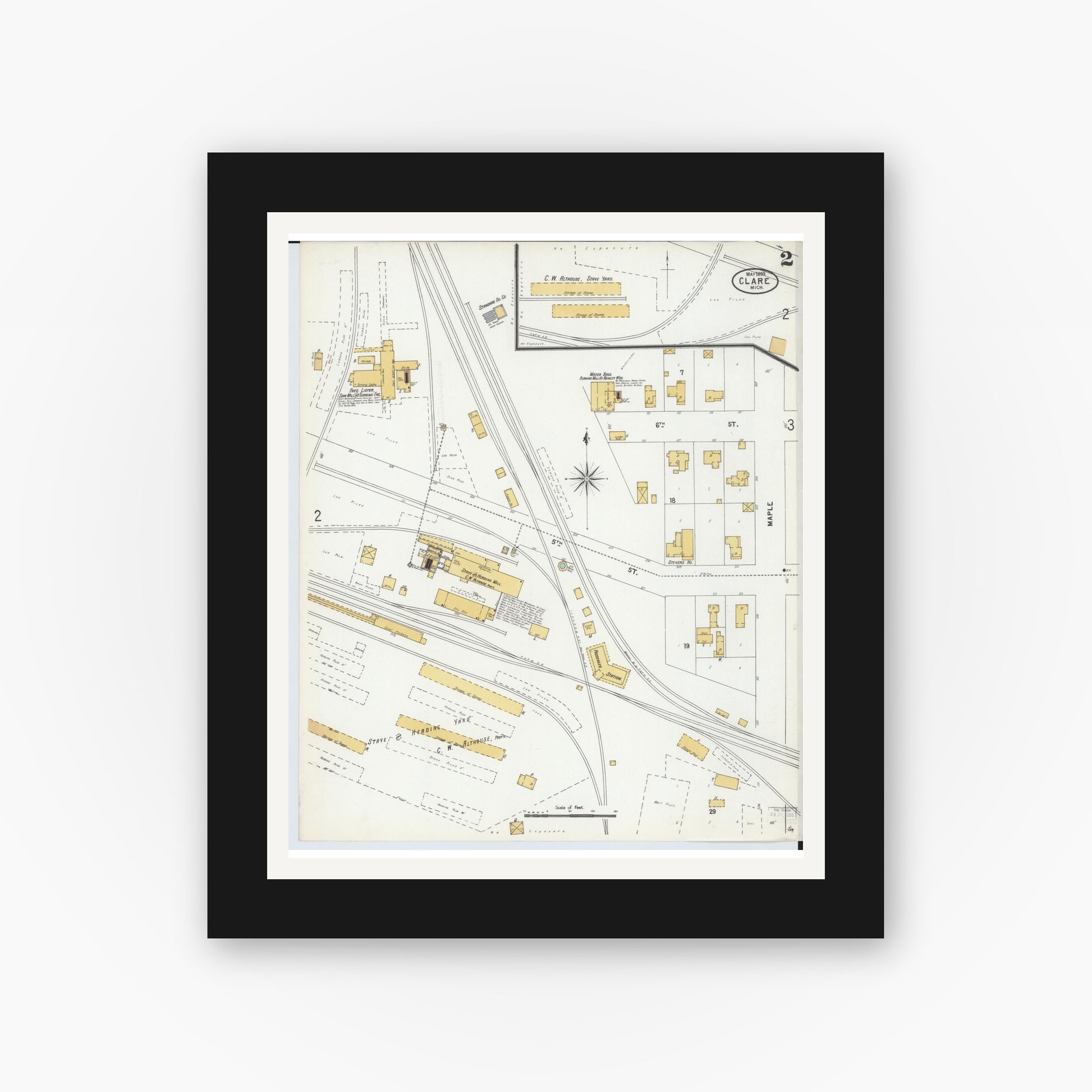 Old map wall art mockup — black gallery frame with white mat — Sanborn Fire Insurance Map from Clare, Clare County, Michigan (1899), Sheet #0002