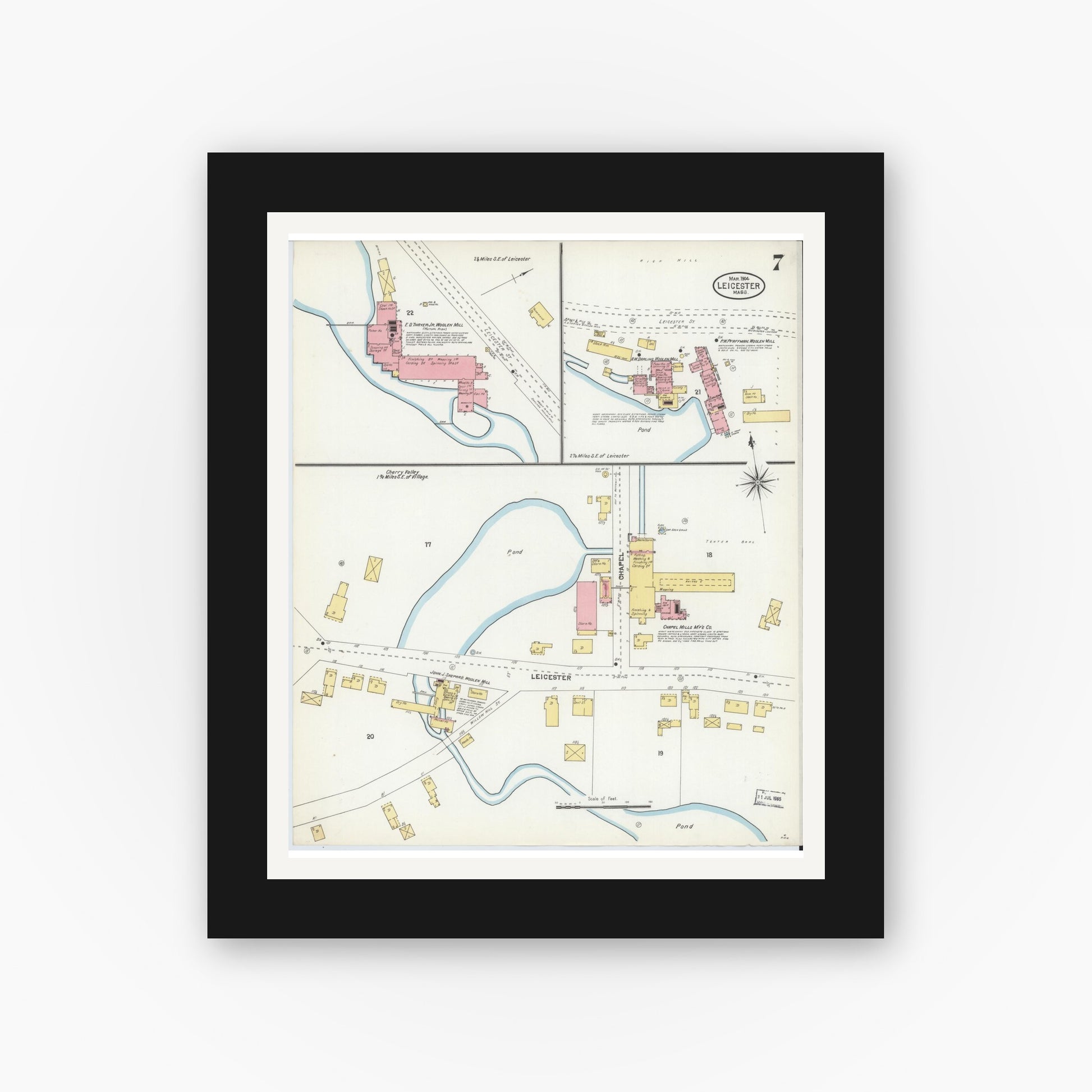 Old map wall art mockup — black gallery frame with white mat — Sanborn Fire Insurance Map from Leicester, Worcester County, Massachusetts (1904), Sheet #0007