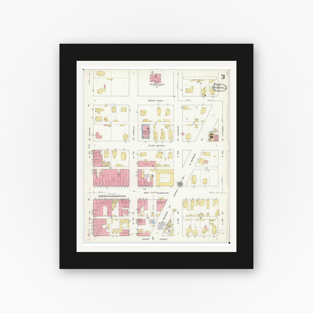 Old map wall art mockup — black gallery frame with white mat — Sanborn Fire Insurance Map from Marshall, Clark County, Illinois (1912), Sheet #0003