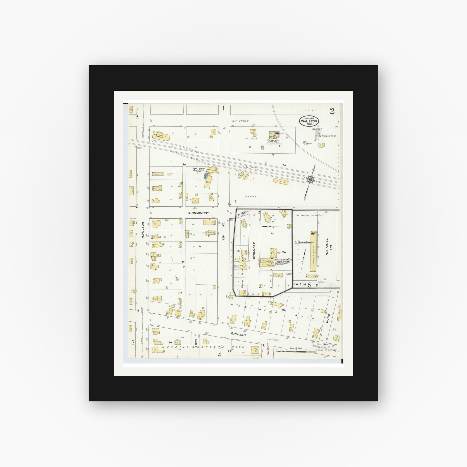 Old map wall art mockup — black gallery frame with white mat — Sanborn Fire Insurance Map from Wauseon, Fulton County, Ohio (1910), Sheet #0002