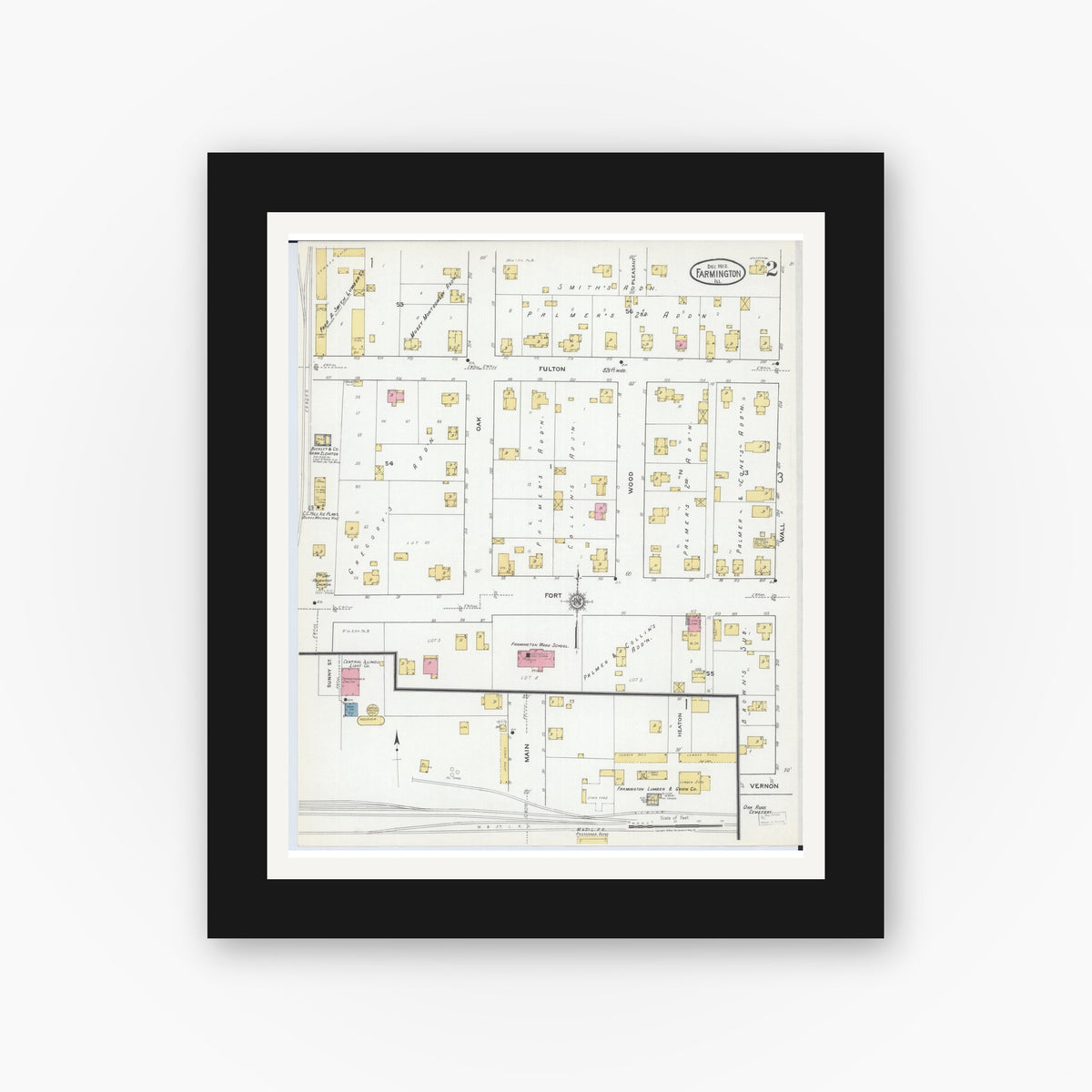 Old map wall art mockup — black gallery frame with white mat — Sanborn Fire Insurance Map from Farmington, Fulton County, Illinois (1918), Sheet #0002