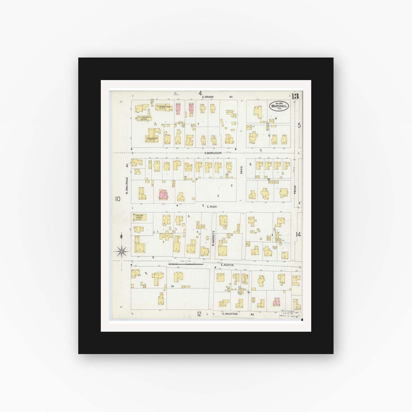 Old map wall art mockup — black gallery frame with white mat — Sanborn Fire Insurance Map from Marshall, Harrison County, Texas (1899), Sheet #0013