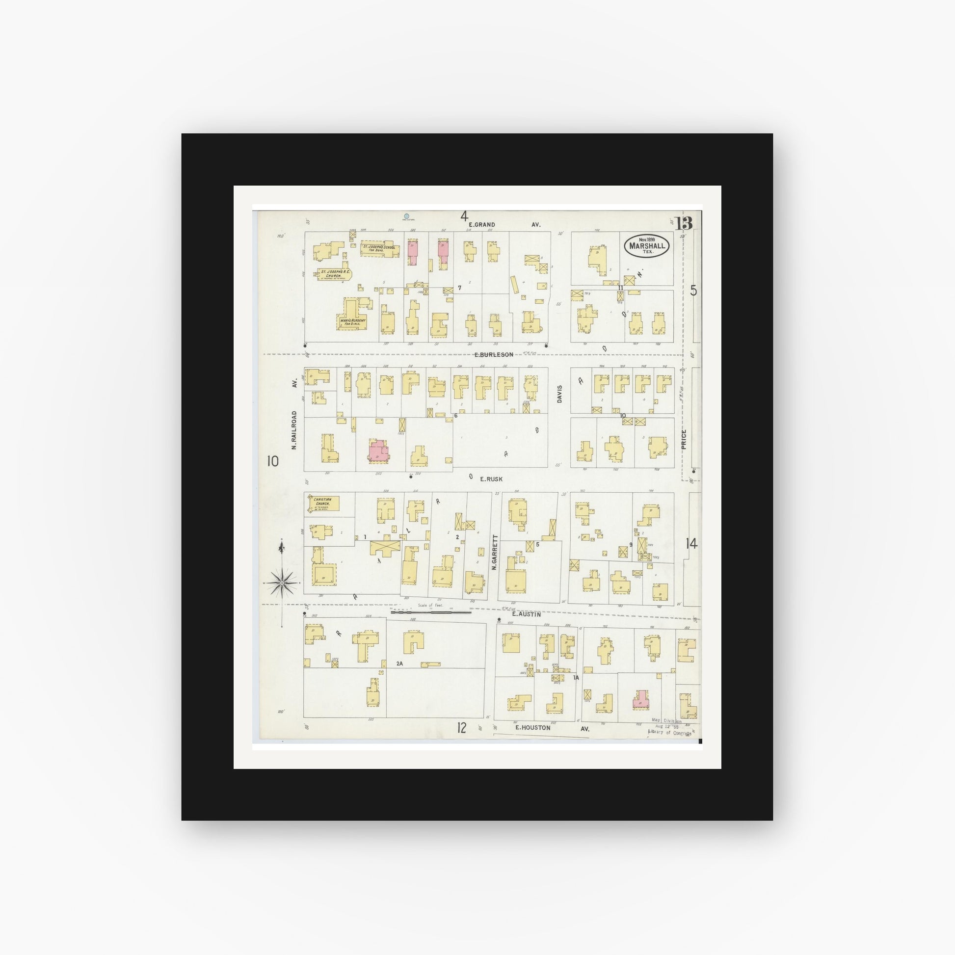 Old map wall art mockup — black gallery frame with white mat — Sanborn Fire Insurance Map from Marshall, Harrison County, Texas (1899), Sheet #0013