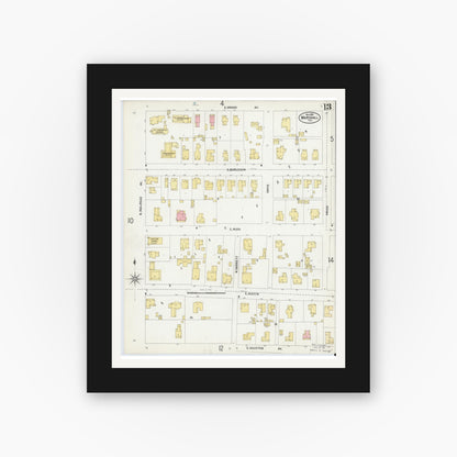 Old map wall art mockup — black gallery frame with white mat — Sanborn Fire Insurance Map from Marshall, Harrison County, Texas (1899), Sheet #0013