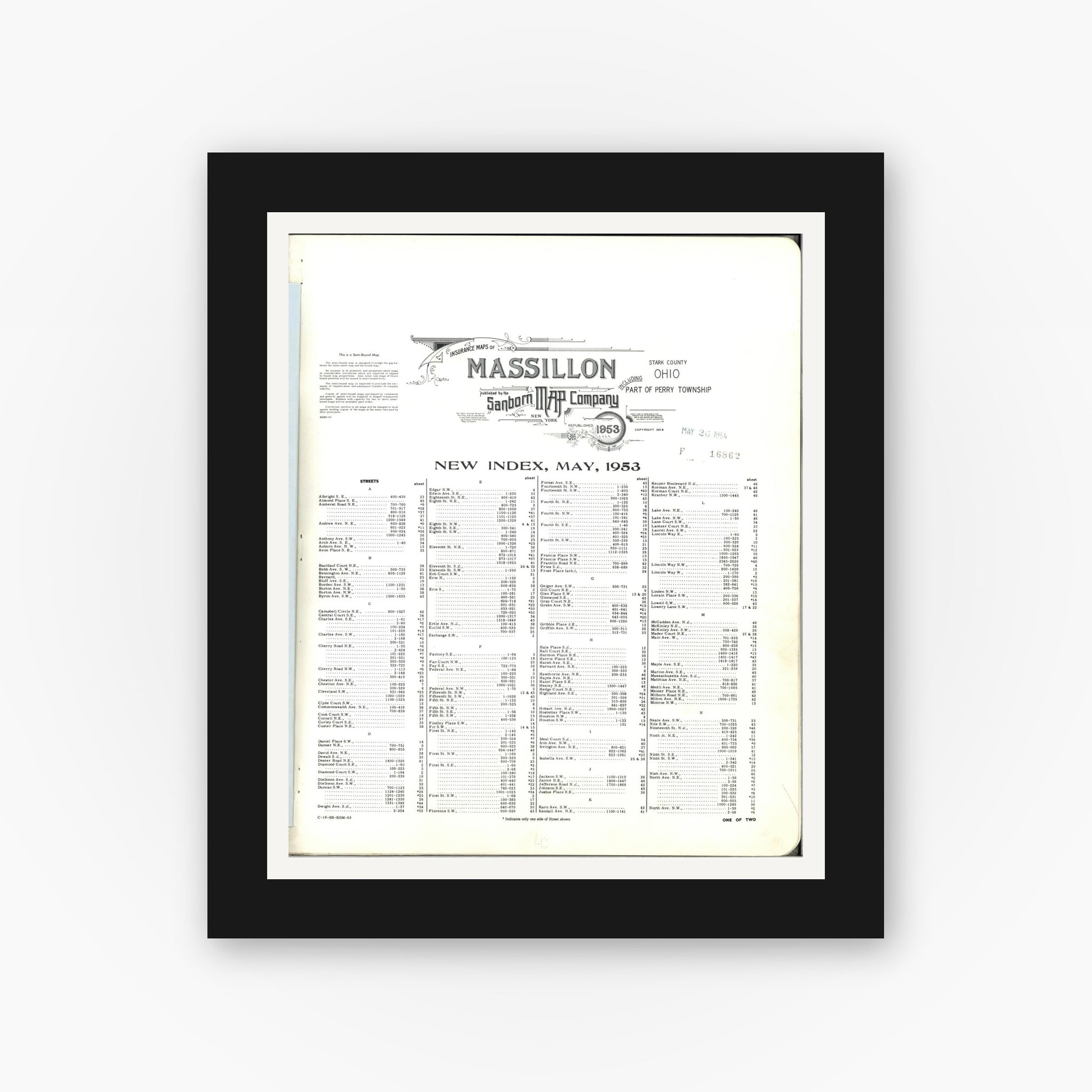 Old map wall art mockup — black gallery frame with white mat — Sanborn Fire Insurance Map from Massillon, Stark County, Ohio (1953), Sheet #0001