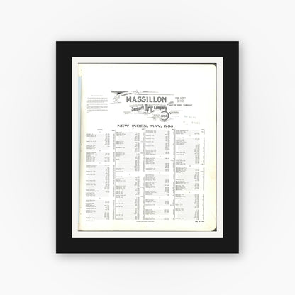 Old map wall art mockup — black gallery frame with white mat — Sanborn Fire Insurance Map from Massillon, Stark County, Ohio (1953), Sheet #0001
