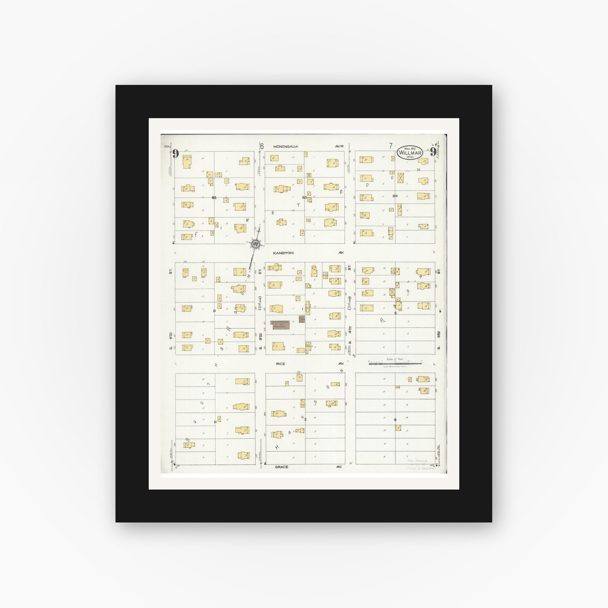 Old map wall art mockup — black gallery frame with white mat — Sanborn Fire Insurance Map from Willmar, Kandiyohi County, Minnesota (1925), Sheet #0009