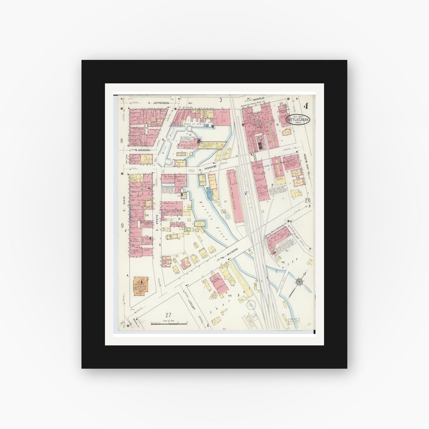 Old map wall art mockup — black gallery frame with white mat — Sanborn Fire Insurance Map from Battle Creek, Calhoun County, Michigan (1913), Sheet #0004