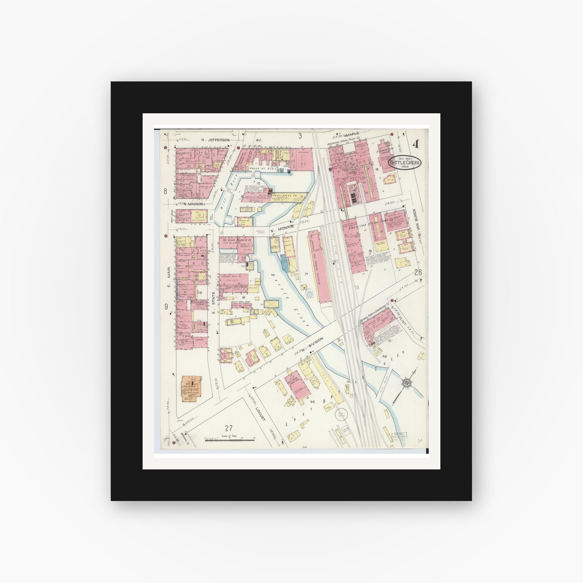 Old map wall art mockup — black gallery frame with white mat — Sanborn Fire Insurance Map from Battle Creek, Calhoun County, Michigan (1913), Sheet #0004