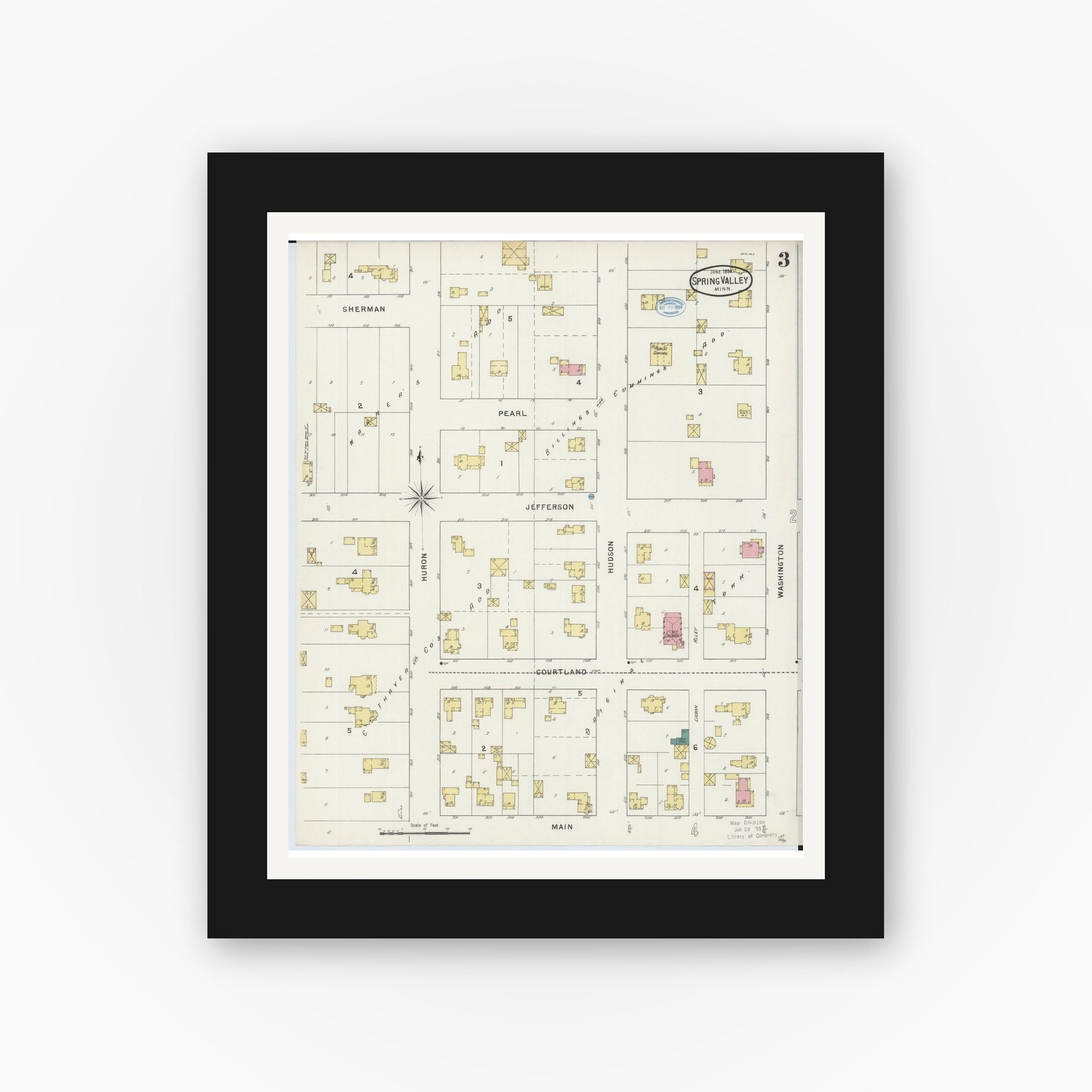 Old map wall art mockup — black gallery frame with white mat — Sanborn Fire Insurance Map from Spring Valley, Fillmore County, Minnesota (1894), Sheet #0003