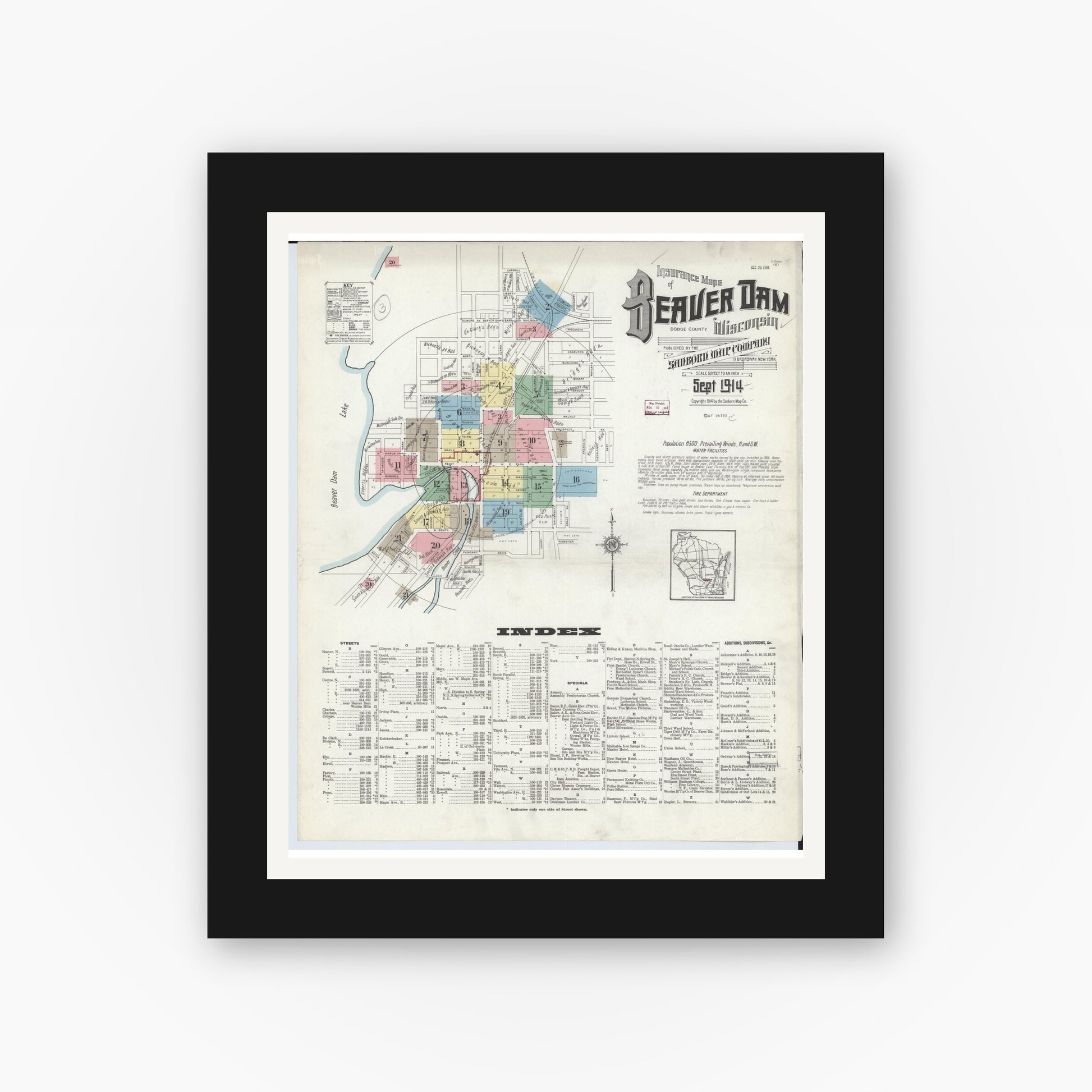 Old map wall art mockup — black gallery frame with white mat — Sanborn Fire Insurance Map from Beaver Dam, Dodge County, Wisconsin (1914) - Complete Map Set