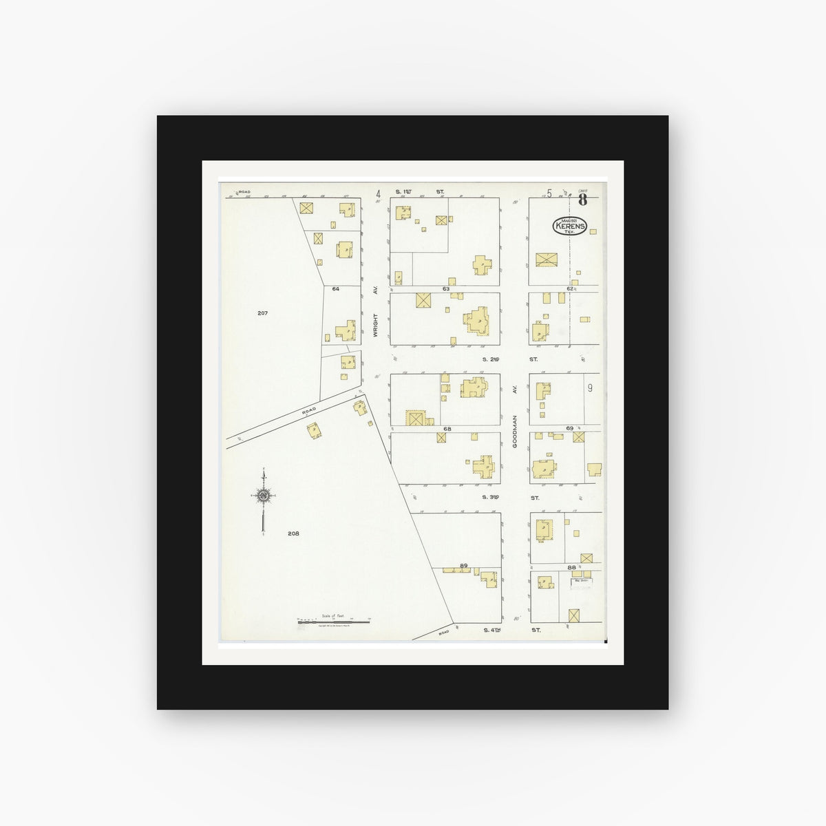 Old map wall art mockup — black gallery frame with white mat — Sanborn Fire Insurance Map from Kerens, Navarro County, Texas (1921), Sheet #0008