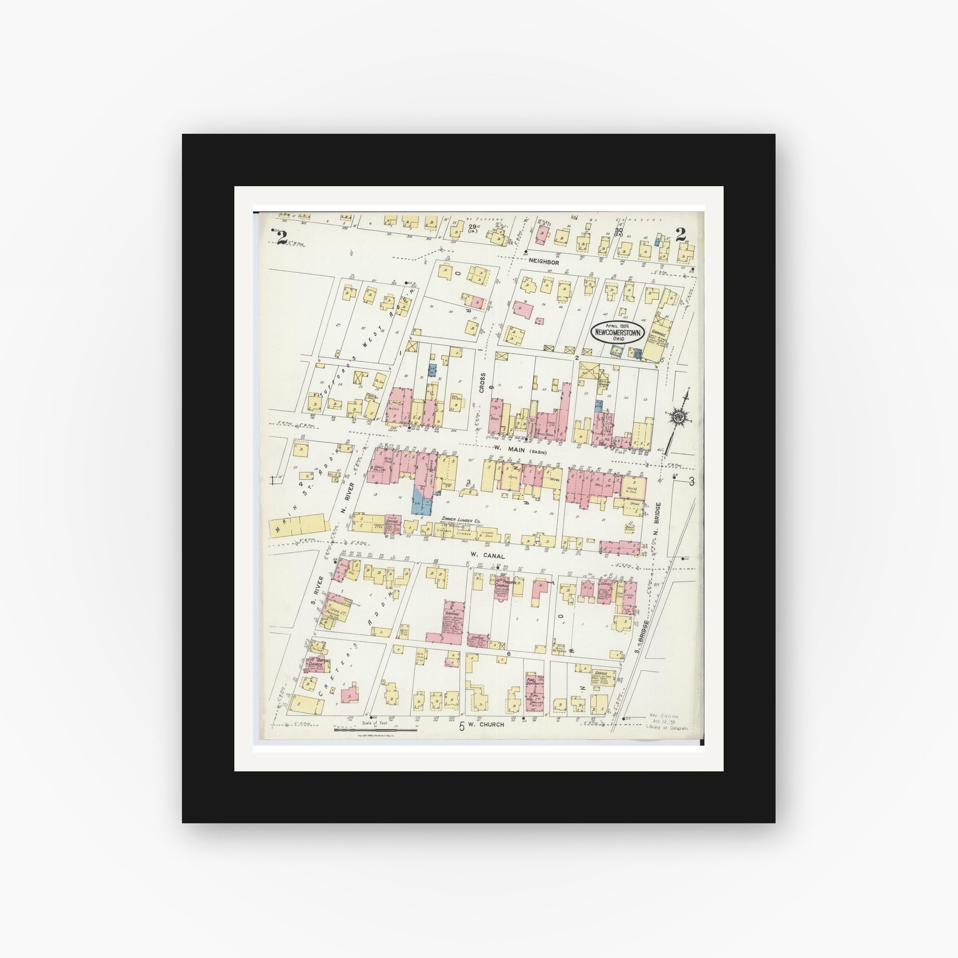 Old map wall art mockup — black gallery frame with white mat — Sanborn Fire Insurance Map from Newcomerstown, Tuscarawas County, Ohio (1924), Sheet #0002