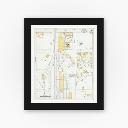 Old map wall art mockup — black gallery frame with white mat — Sanborn Fire Insurance Map from Beaumont, Jefferson County, Texas (1899), Sheet #0011