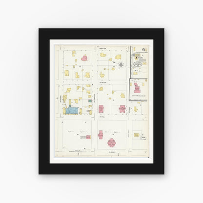 Old map wall art mockup — black gallery frame with white mat — Sanborn Fire Insurance Map from Gonzales, Gonzales County, Texas (1907), Sheet #0006