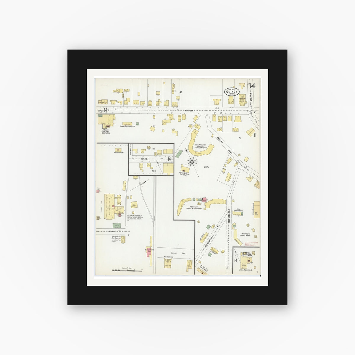 Old map wall art mockup — black gallery frame with white mat — Sanborn Fire Insurance Map from Quincy, Norfolk County, Massachusetts (1901), Sheet #0014