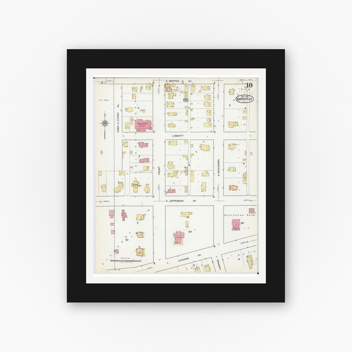 Old map wall art mockup — black gallery frame with white mat — Sanborn Fire Insurance Map from Naperville, Du Page County, Illinois (1921), Sheet #0010