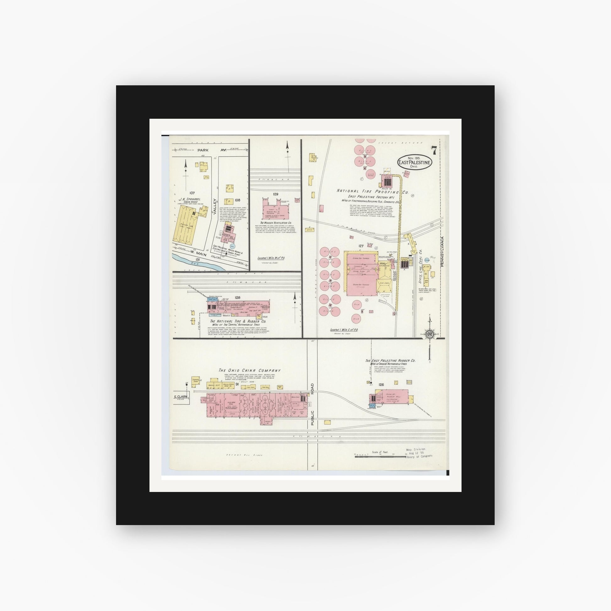 Old map wall art mockup — black gallery frame with white mat — Sanborn Fire Insurance Map from East Palestine, Columbiana County, Ohio (1915), Sheet #0007