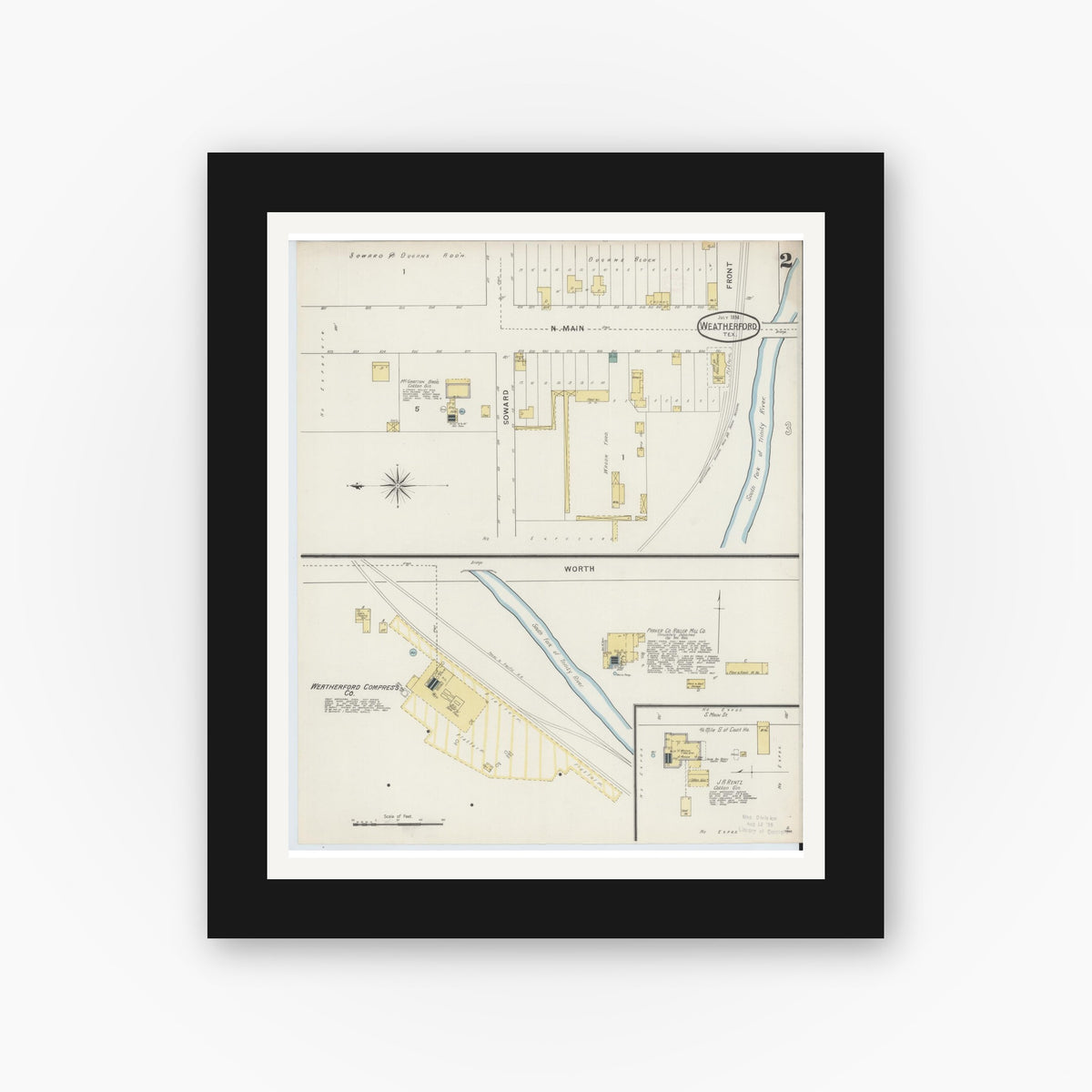 Old map wall art mockup — black gallery frame with white mat — Sanborn Fire Insurance Map from Weatherford, Parker County, Texas (1894), Sheet #0002