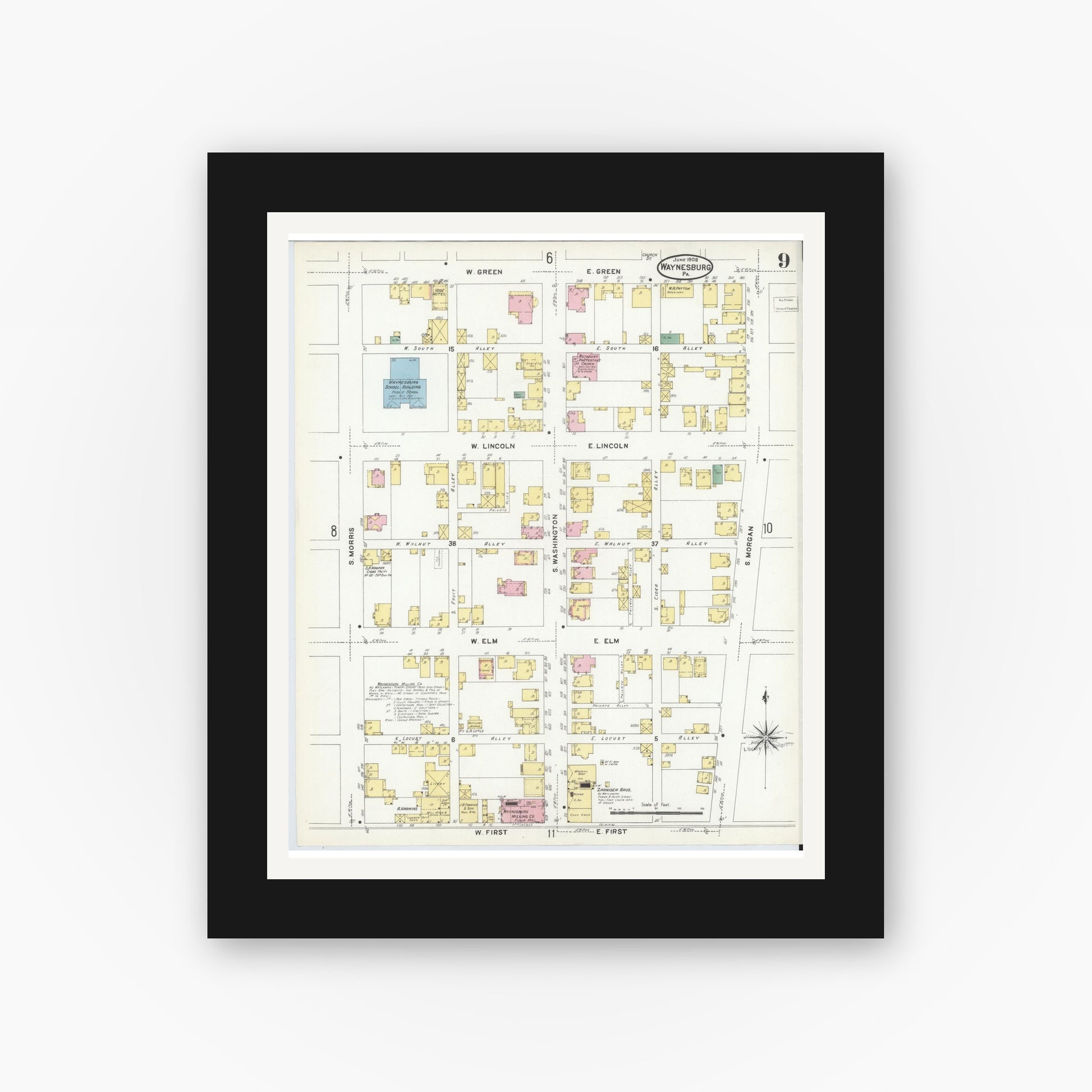 Old map wall art mockup — black gallery frame with white mat — Sanborn Fire Insurance Map from Waynesburg, Greene County, Pennsylvania (1908), Sheet #0009