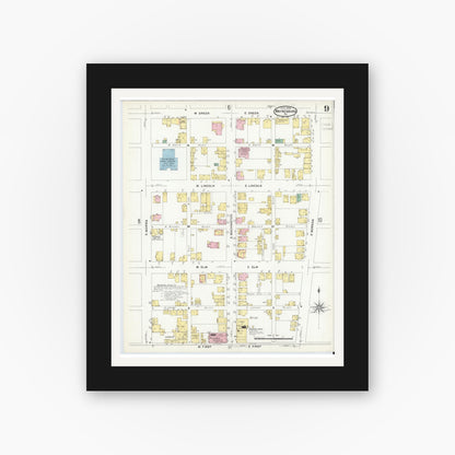 Old map wall art mockup — black gallery frame with white mat — Sanborn Fire Insurance Map from Waynesburg, Greene County, Pennsylvania (1908), Sheet #0009