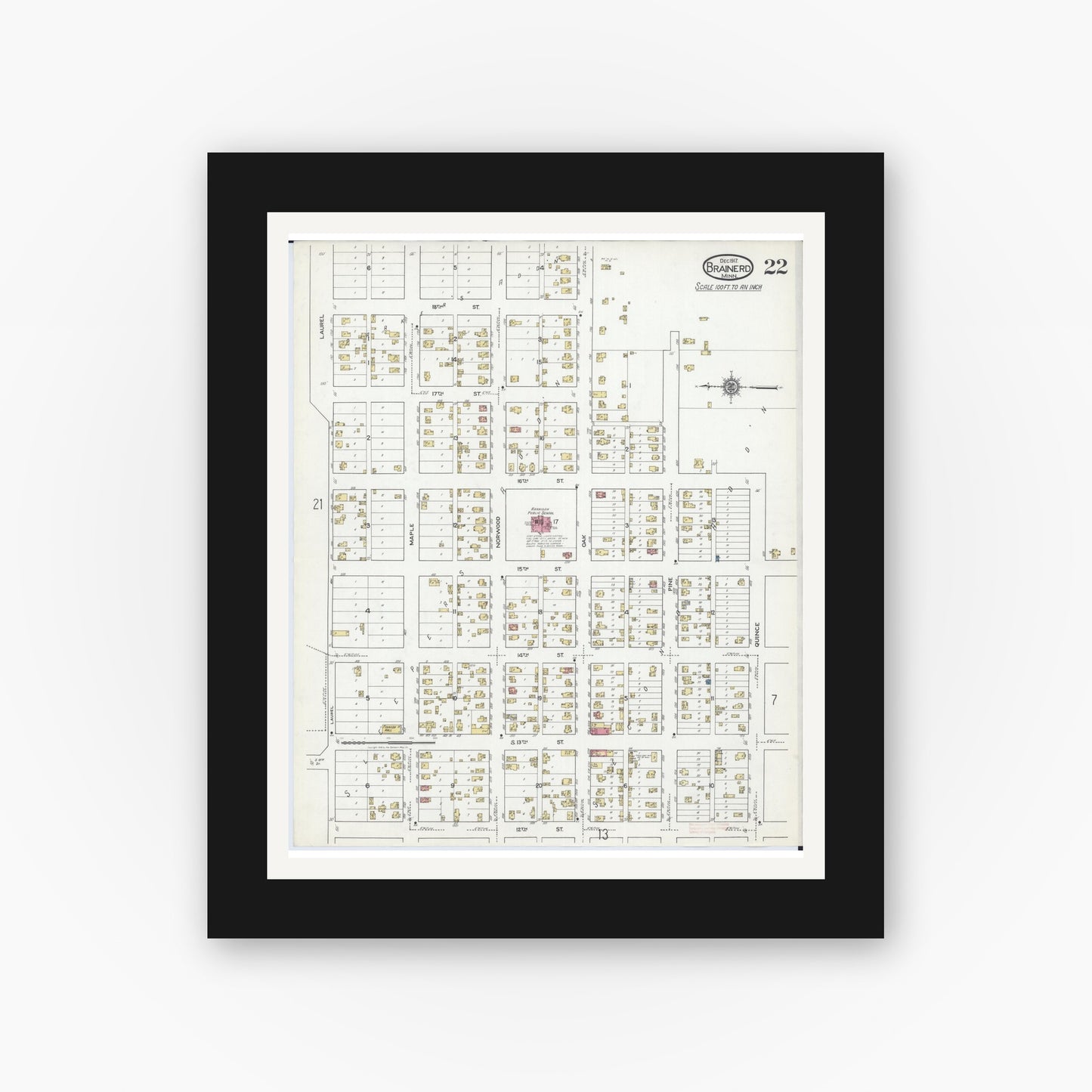 Old map wall art mockup — black gallery frame with white mat — Sanborn Fire Insurance Map from Brainerd, Crow Wing County, Minnesota (1917), Sheet #0022