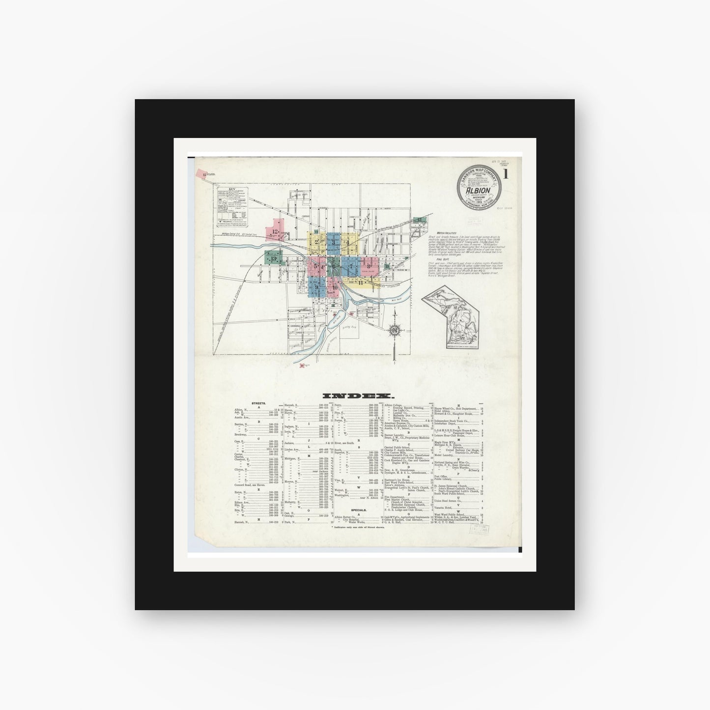 Old map wall art mockup — black gallery frame with white mat — Sanborn Fire Insurance Map from Albion, Calhoun County, Michigan (1913) - Complete Map Set