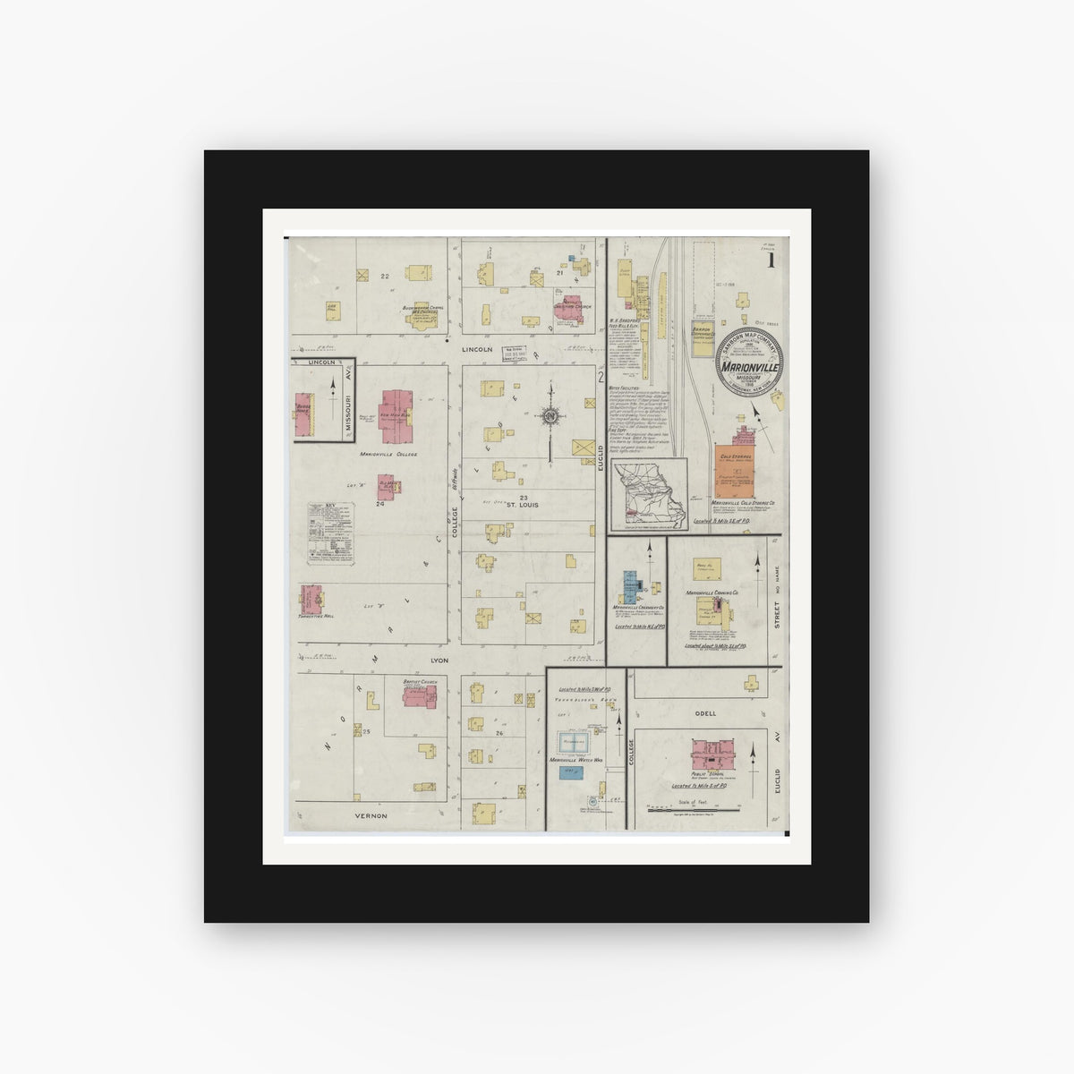 Old map wall art mockup — black gallery frame with white mat — Sanborn Fire Insurance Map from Marionville, Lawrence County, Missouri (1918), Sheet #0001