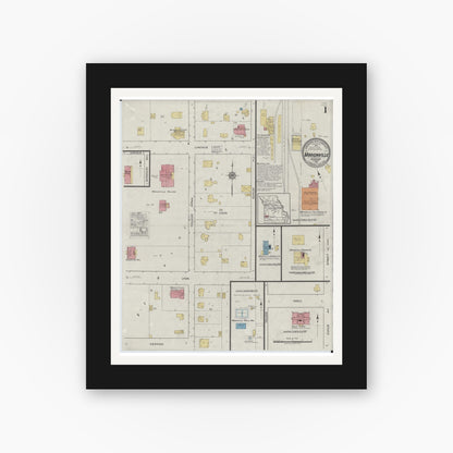 Old map wall art mockup — black gallery frame with white mat — Sanborn Fire Insurance Map from Marionville, Lawrence County, Missouri (1918), Sheet #0001