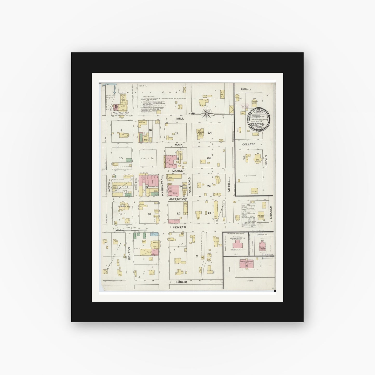Old map wall art mockup — black gallery frame with white mat — Sanborn Fire Insurance Map from Marionville, Lawrence County, Missouri (1894), Sheet #0001