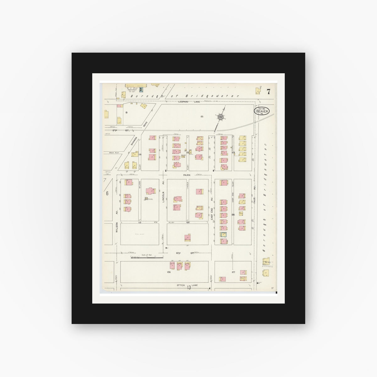 Old map wall art mockup — black gallery frame with white mat — Sanborn Fire Insurance Map from Beaver, Beaver County, Pennsylvania (1912), Sheet #0007