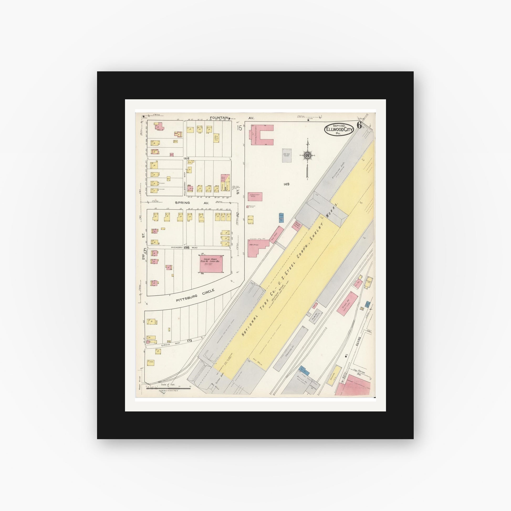 Old map wall art mockup — black gallery frame with white mat — Sanborn Fire Insurance Map from Ellwood City, Lawrence County, Pennsylvania (1921), Sheet #0006