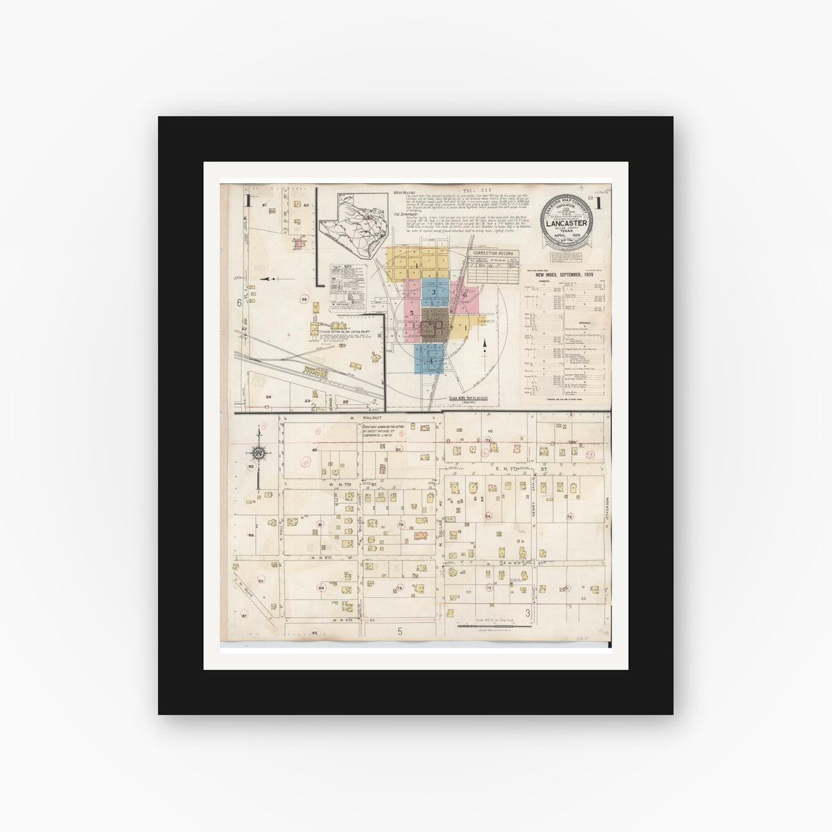 Old map wall art mockup — black gallery frame with white mat — Sanborn Fire Insurance Map from Lancaster, Dallas County, Texas (1939) - Complete Map Set