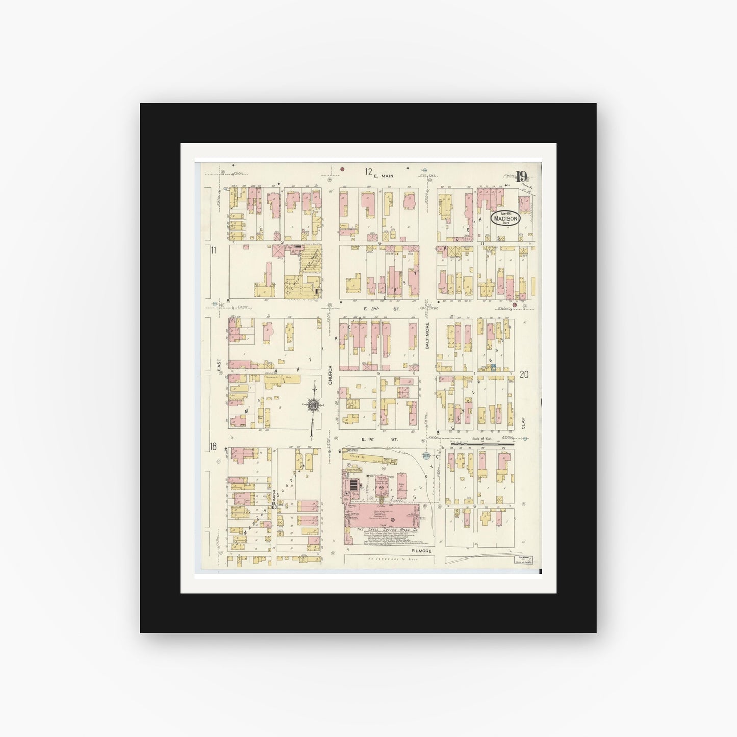 Old map wall art mockup — black gallery frame with white mat — Sanborn Fire Insurance Map from Madison, Jefferson County, Indiana (1911), Sheet #0019