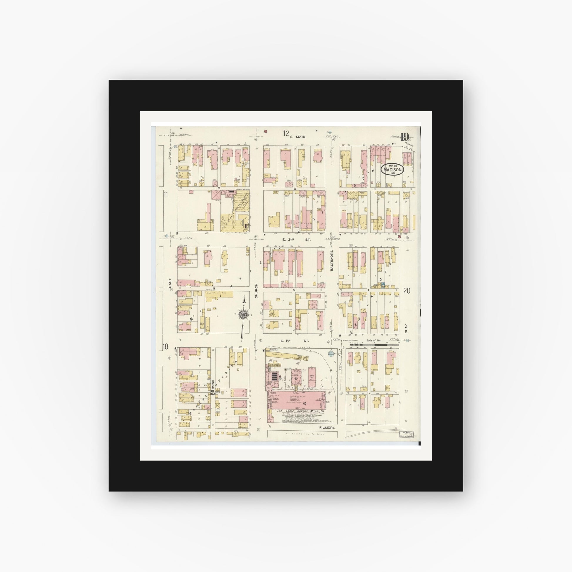 Old map wall art mockup — black gallery frame with white mat — Sanborn Fire Insurance Map from Madison, Jefferson County, Indiana (1911), Sheet #0019