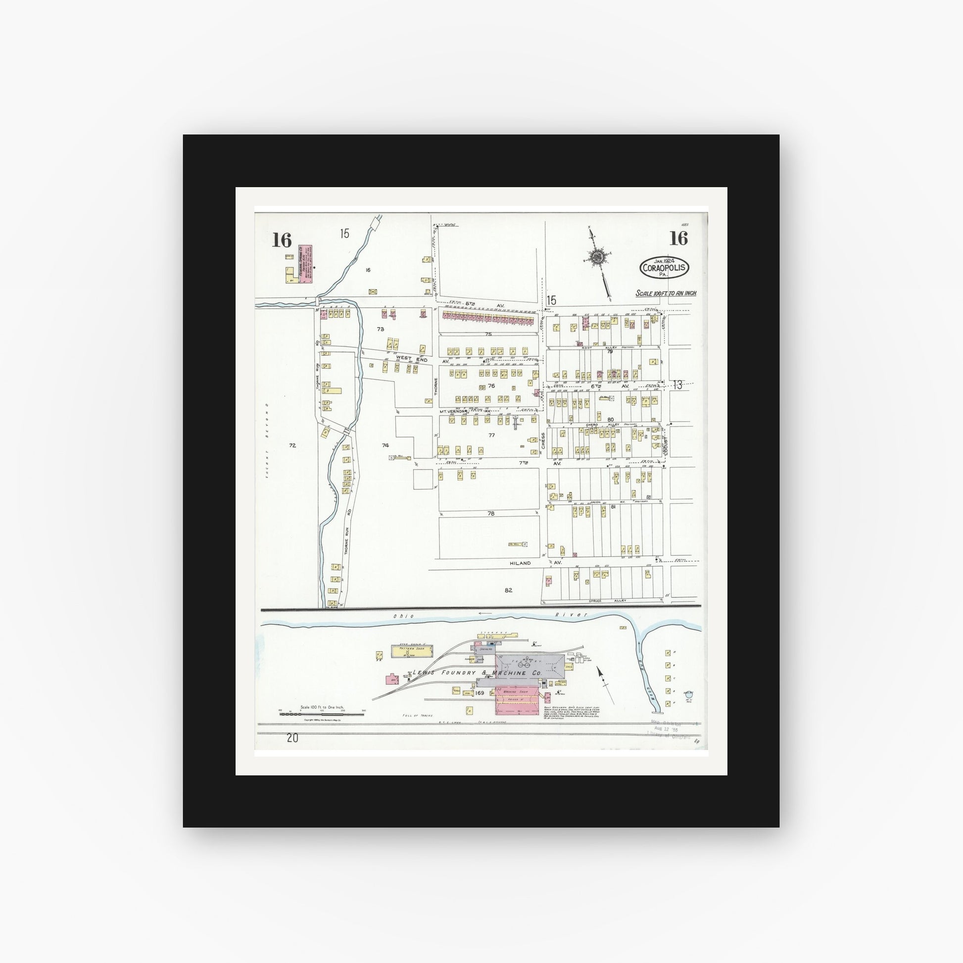 Old map wall art mockup — black gallery frame with white mat — Sanborn Fire Insurance Map from Coraopolis, Allegheny County, Pennsylvania (1924), Sheet #0016