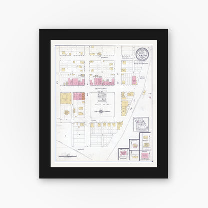 Old map wall art mockup — black gallery frame with white mat — Sanborn Fire Insurance Map from Lawson, Ray County, Missouri (1917), Sheet #0001
