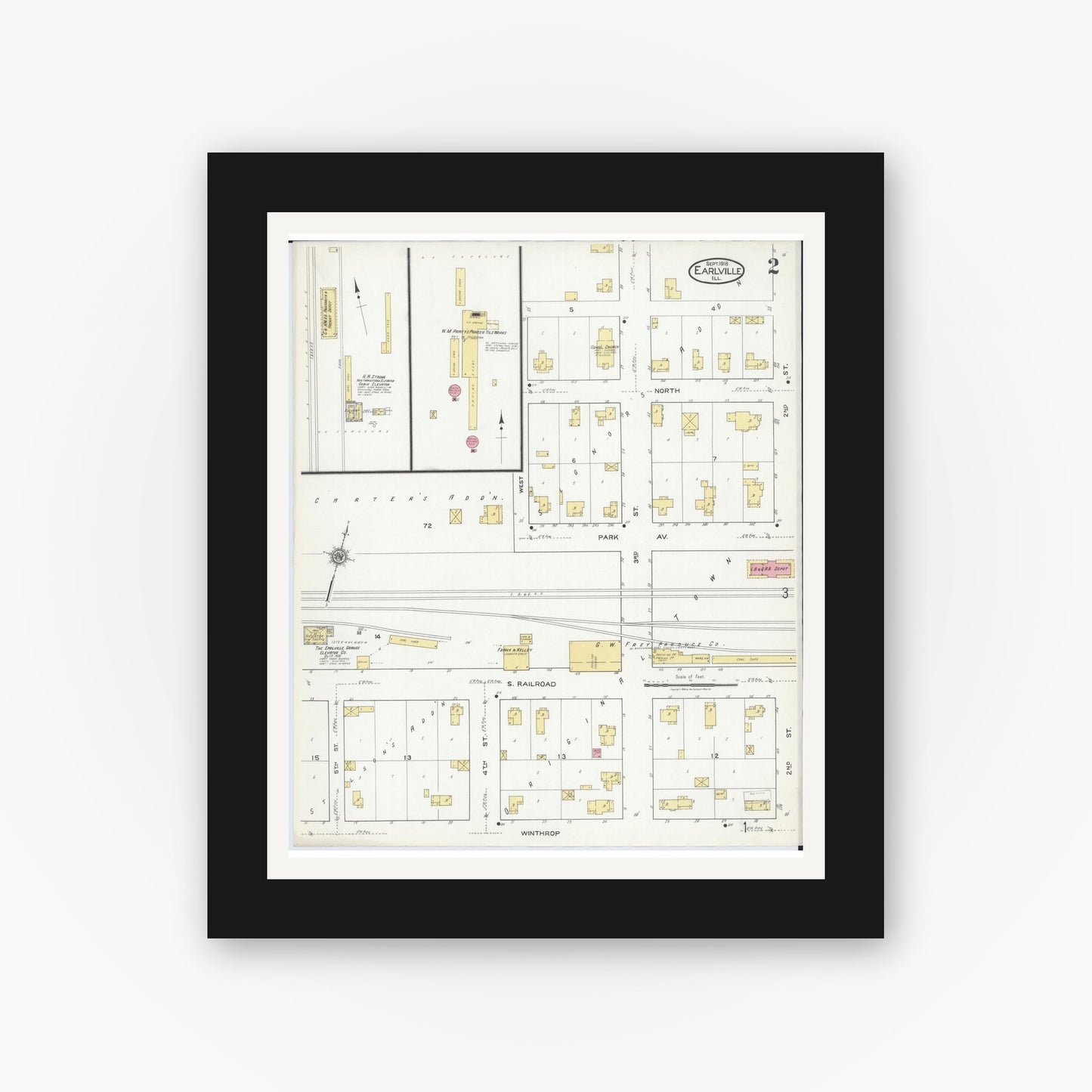Old map wall art mockup — black gallery frame with white mat — Sanborn Fire Insurance Map from Earlville, La Salle County, Illinois (1918), Sheet #0002