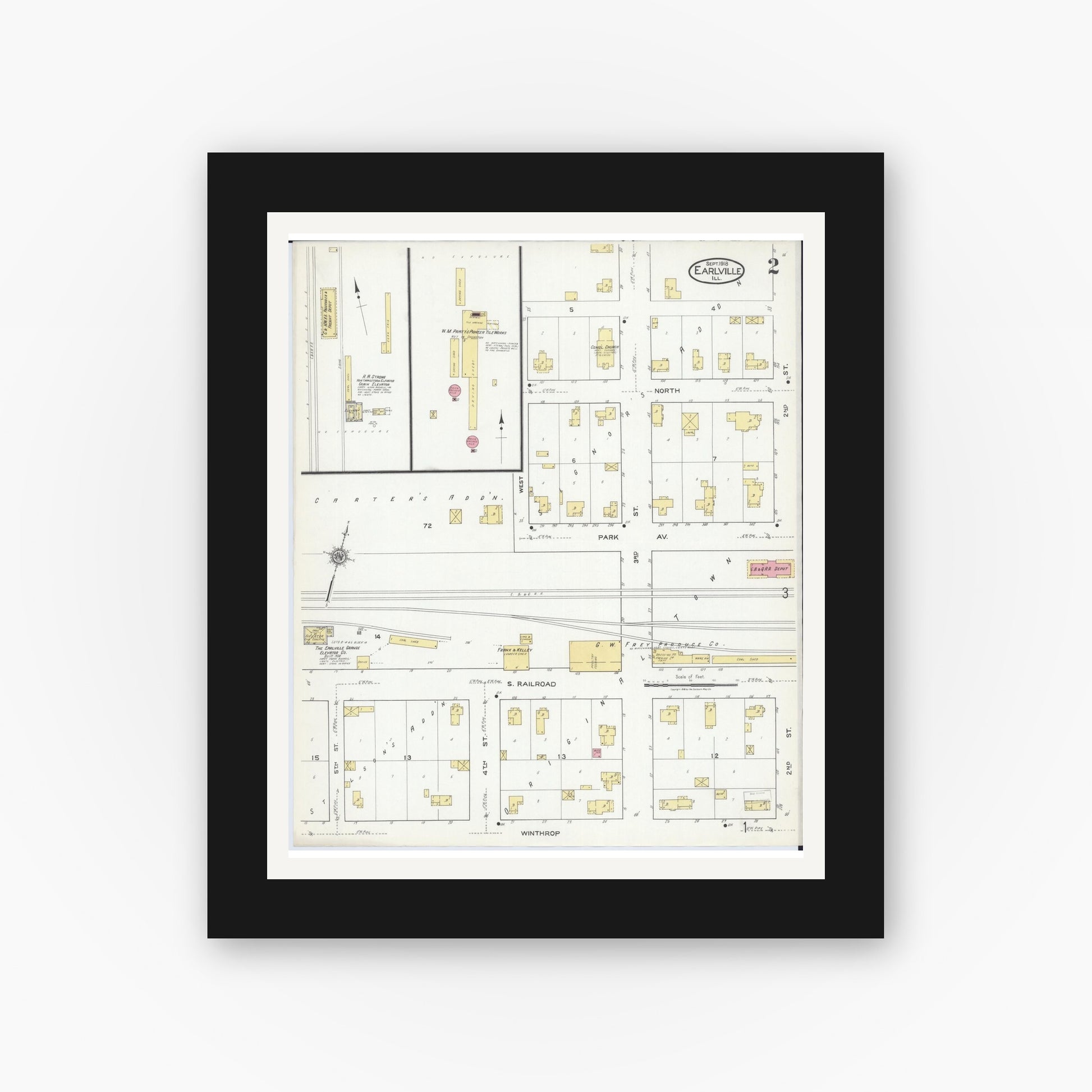 Old map wall art mockup — black gallery frame with white mat — Sanborn Fire Insurance Map from Earlville, La Salle County, Illinois (1918), Sheet #0002