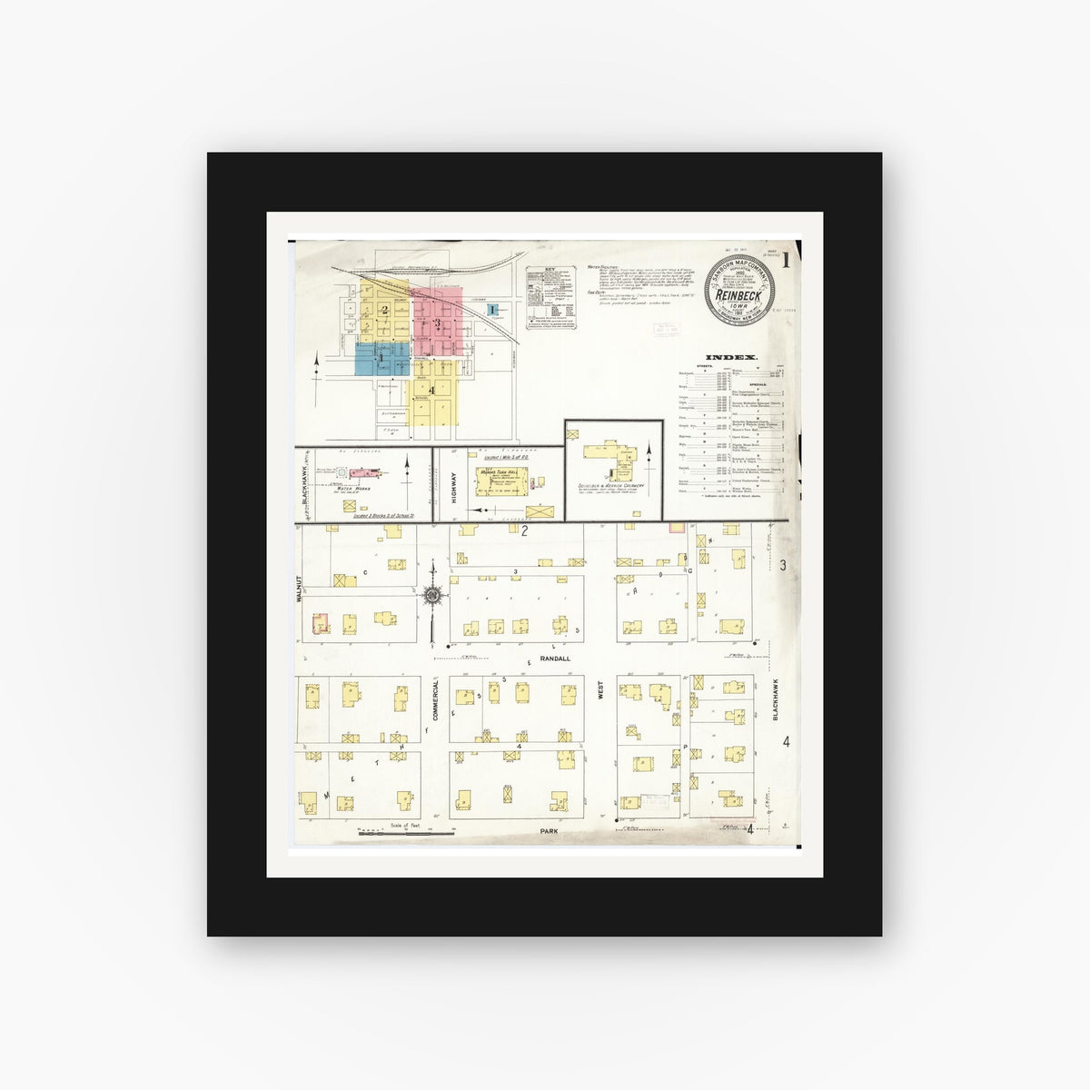 Old map wall art mockup — black gallery frame with white mat — Sanborn Fire Insurance Map from Reinbeck, Grundy County, Iowa (1911) â€” Complete Set