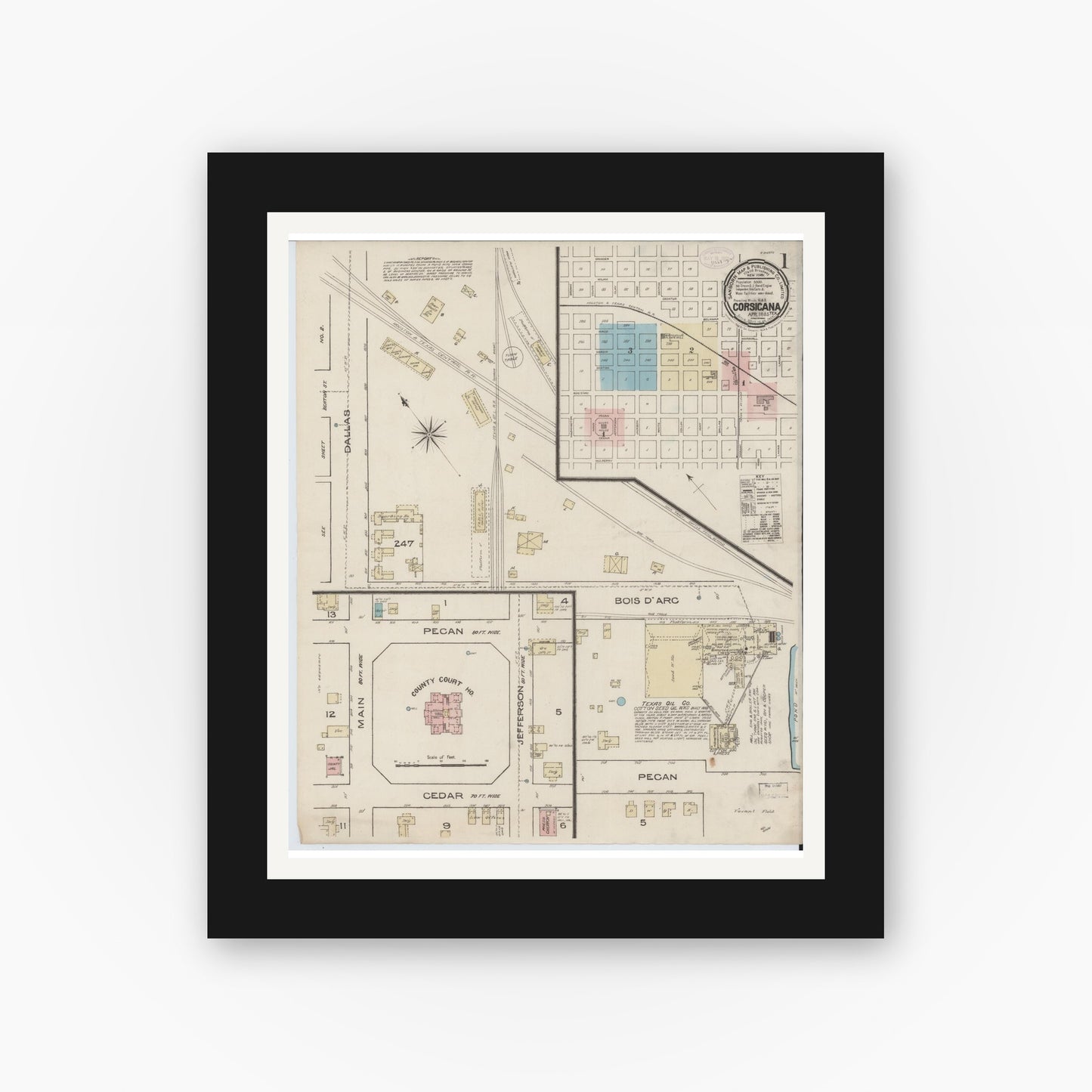 Old map wall art mockup — black gallery frame with white mat — Sanborn Fire Insurance Map from Corsicana, Navarro County, Texas (1885), Sheet #0001