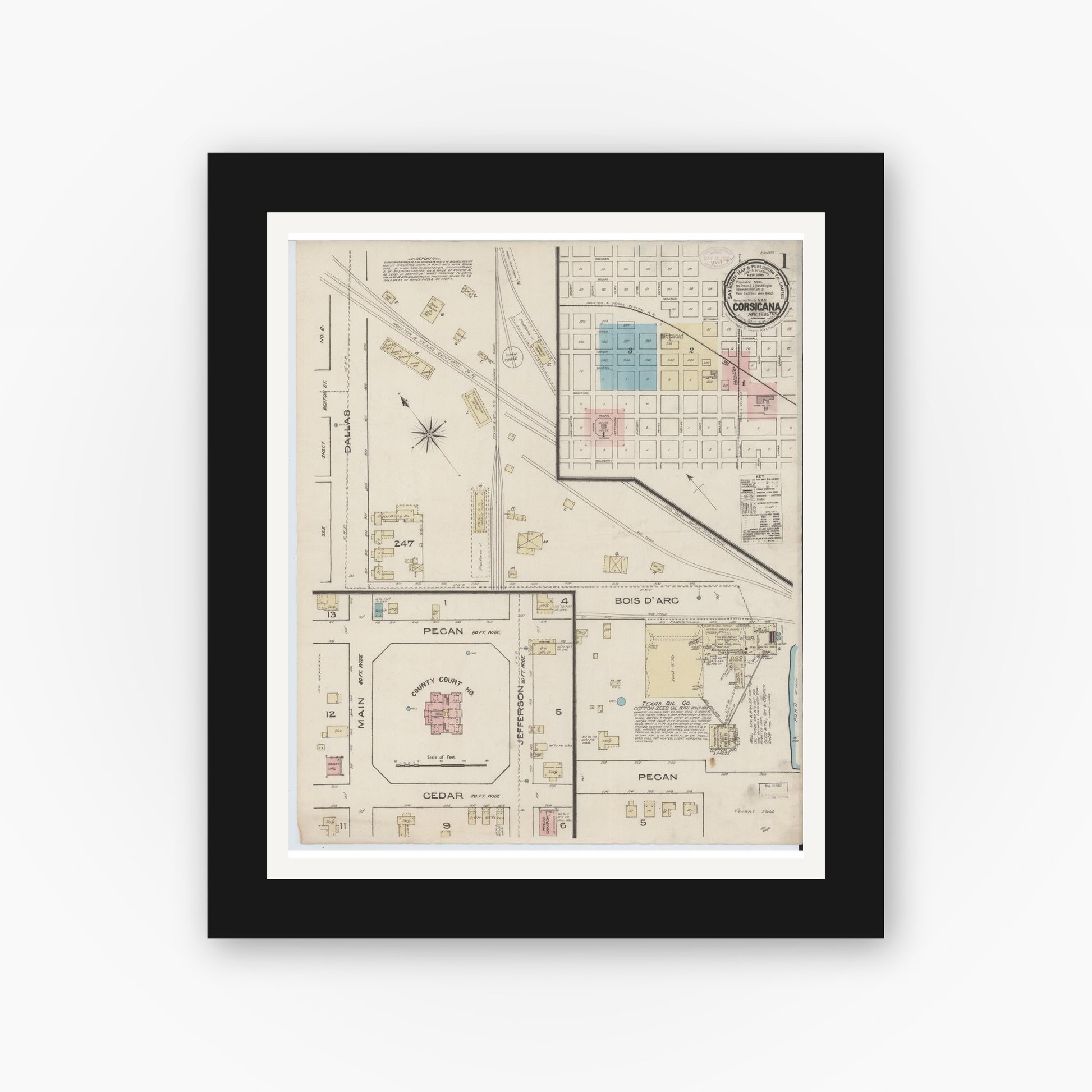 Old map wall art mockup — black gallery frame with white mat — Sanborn Fire Insurance Map from Corsicana, Navarro County, Texas (1885), Sheet #0001