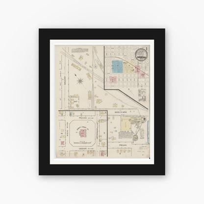 Old map wall art mockup — black gallery frame with white mat — Sanborn Fire Insurance Map from Corsicana, Navarro County, Texas (1885), Sheet #0001