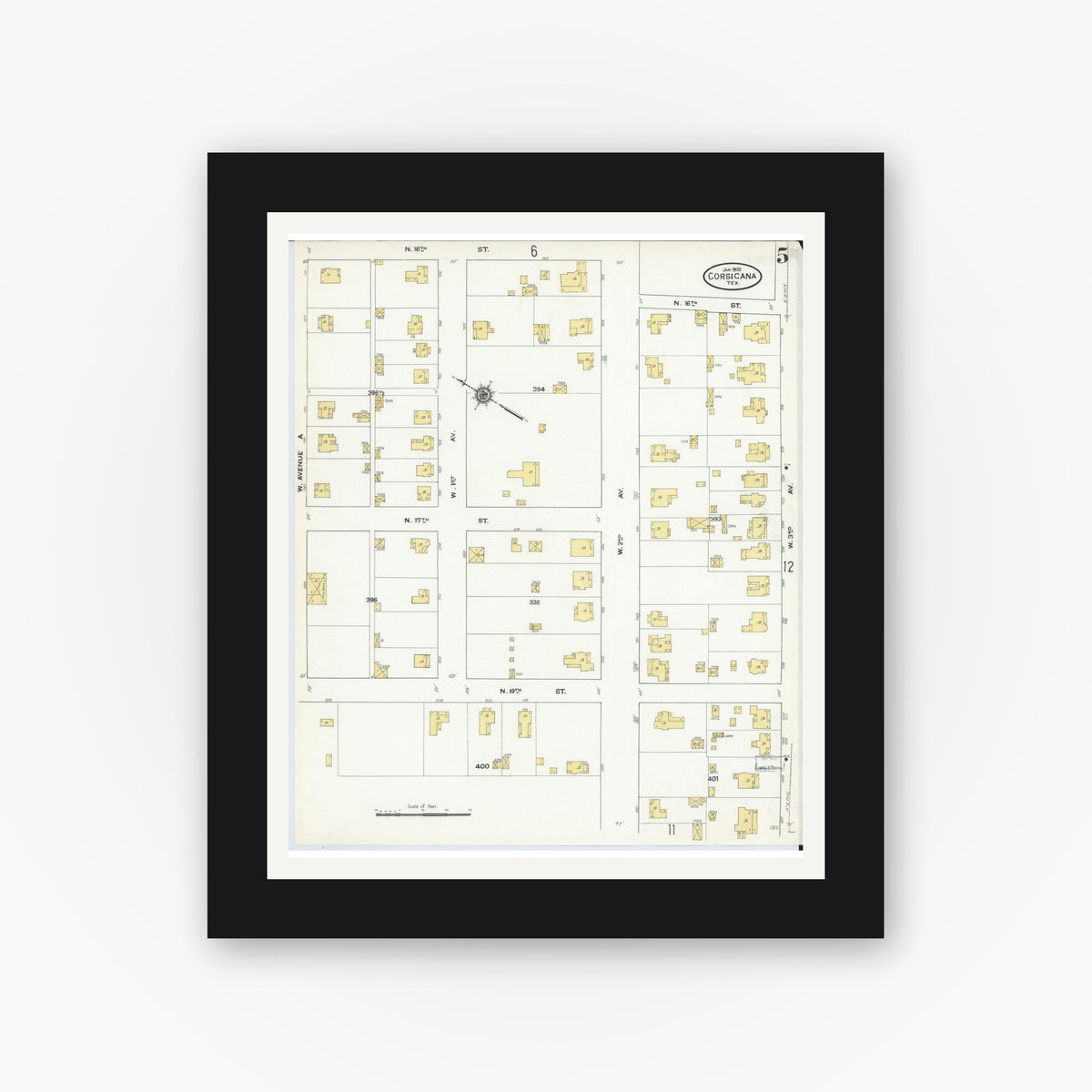 Old map wall art mockup — black gallery frame with white mat — Sanborn Fire Insurance Map from Corsicana, Navarro County, Texas (1910), Sheet #0005
