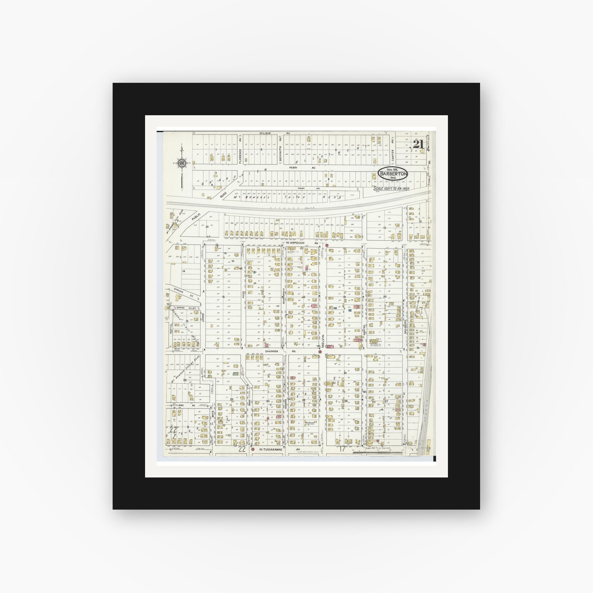 Old map wall art mockup — black gallery frame with white mat — Sanborn Fire Insurance Map from Barberton, Summit County, Ohio (1916), Sheet #0021