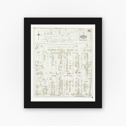 Old map wall art mockup — black gallery frame with white mat — Sanborn Fire Insurance Map from Barberton, Summit County, Ohio (1916), Sheet #0021