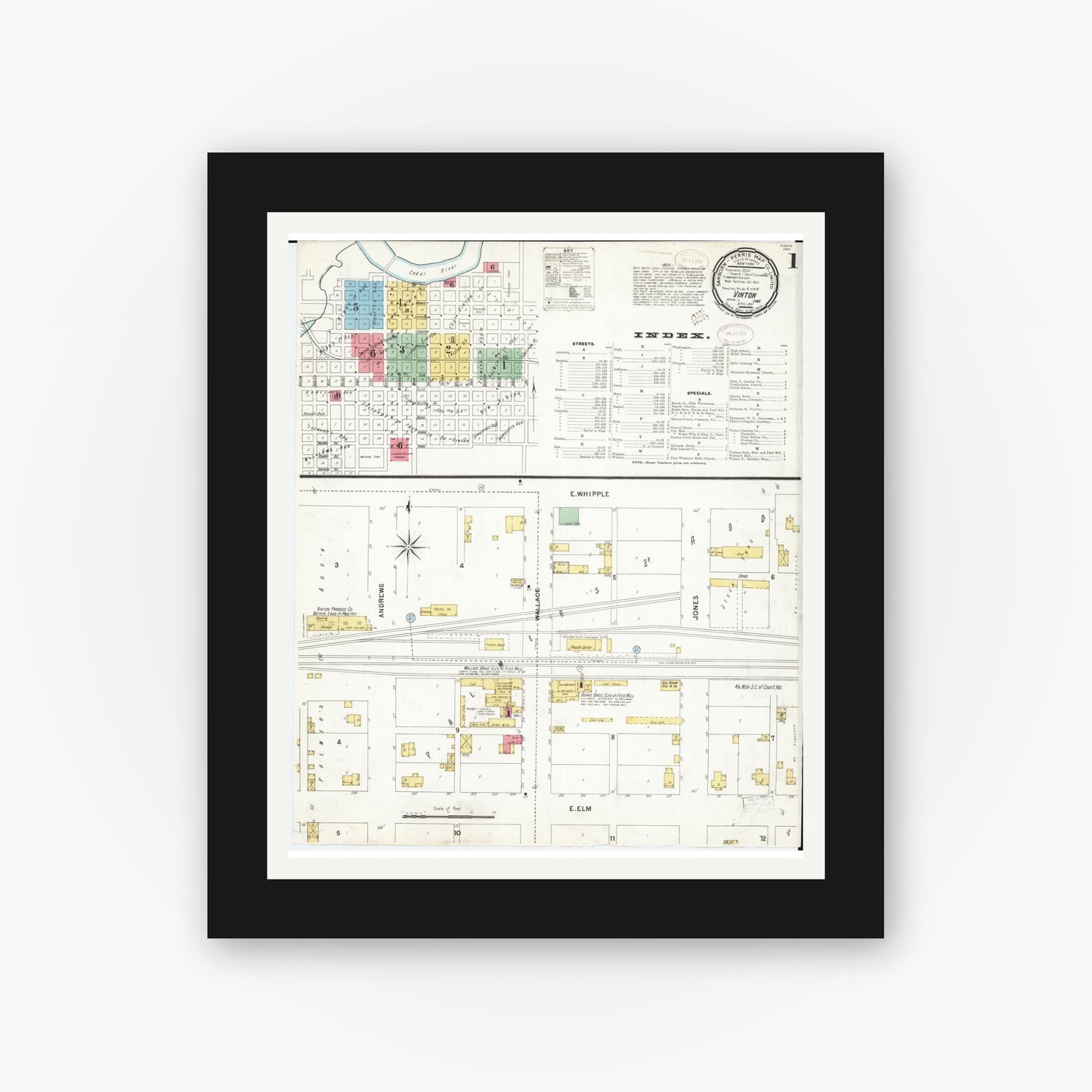 Old map wall art mockup — black gallery frame with white mat — Sanborn Fire Insurance Map from Vinton, Benton County, Iowa (1899) â€” Complete Set