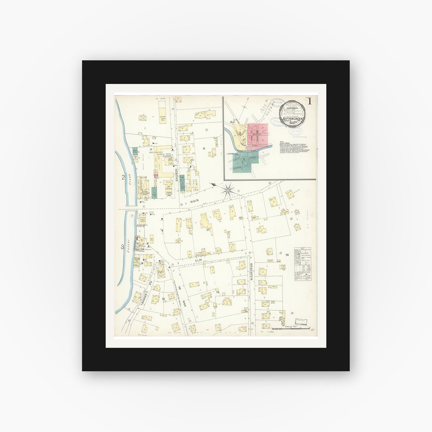 Old map wall art mockup — black gallery frame with white mat — Sanborn Fire Insurance Map from Sutter Creek, Amador County, California (1898) - Complete Map Set